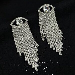 NEW Natasha Silver Statement Rhinestone Eye Fringe Dangle Earrings - Sparkle!